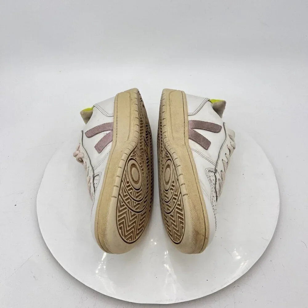 Veja V-10 Women Sz 6 White Neon Leather Brown Stitch V Logo Suede Training Shoes